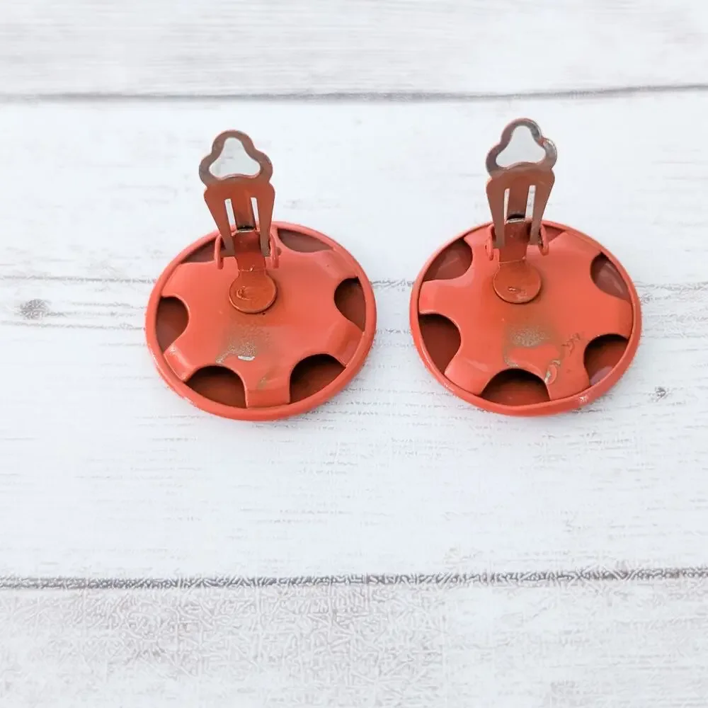 Vintage Clip On Earrings Deep Orange Retro Circle 1